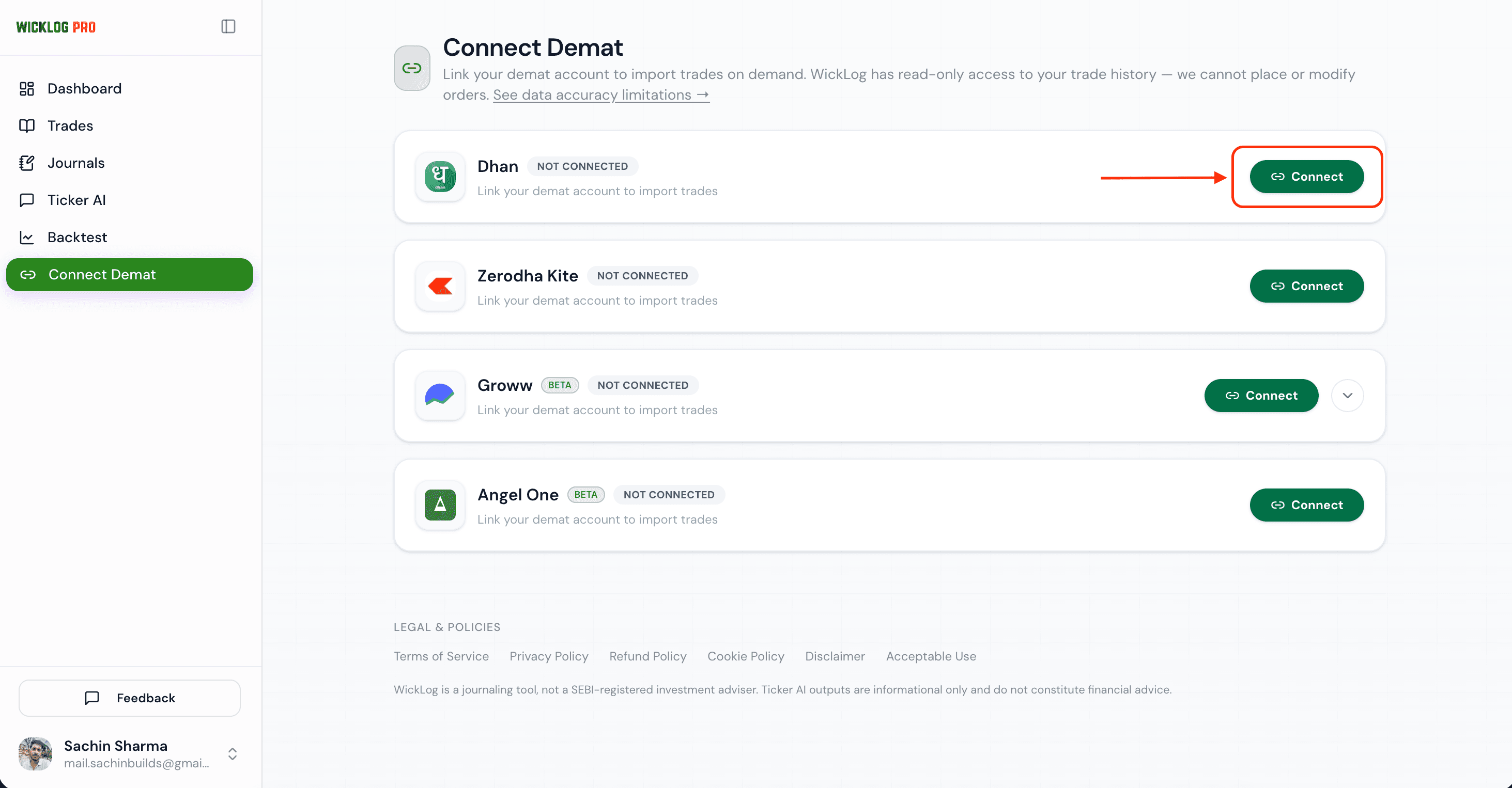 Connecting the Dhan card
