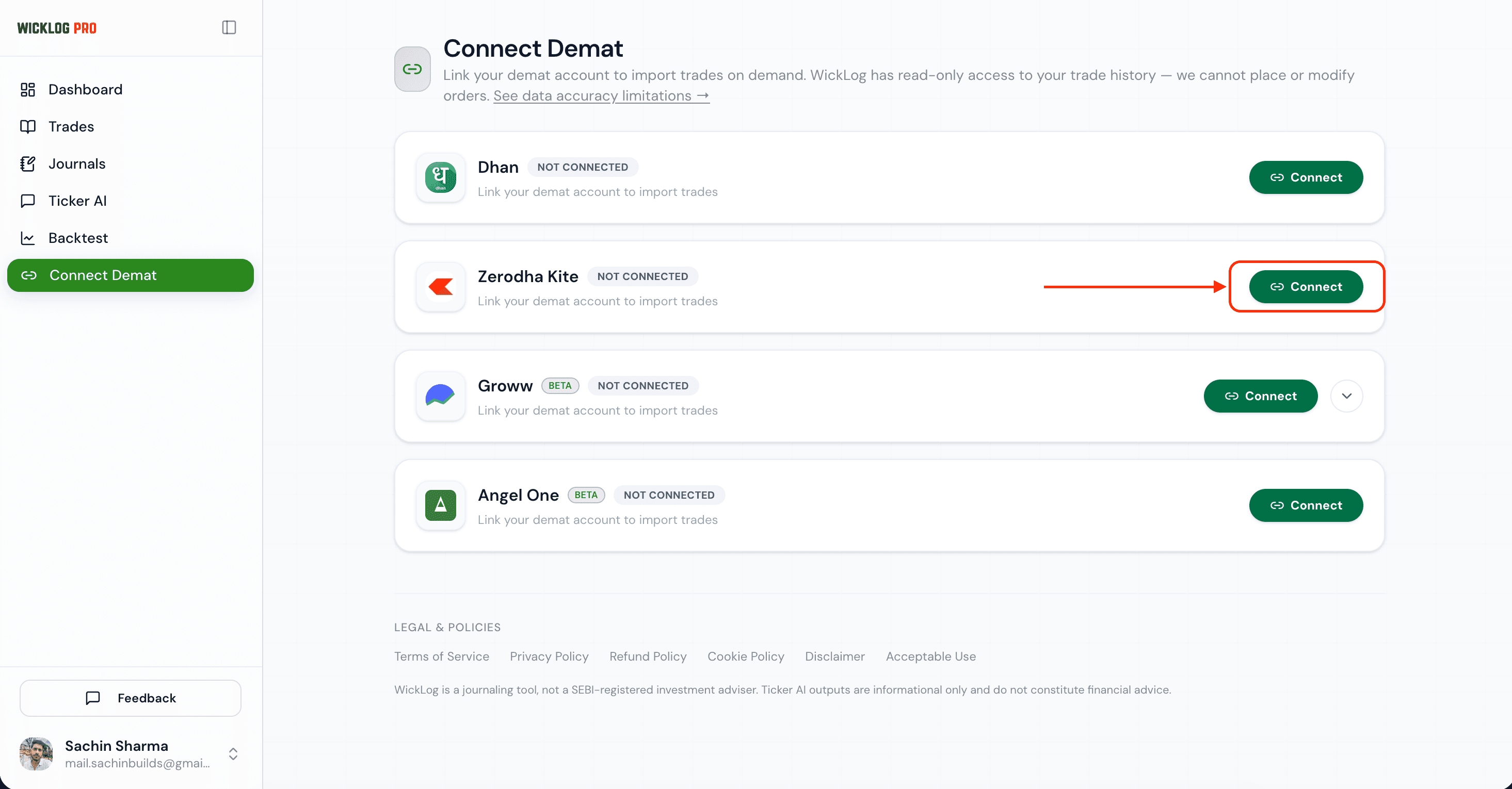 Connecting the Zerodha Kite card