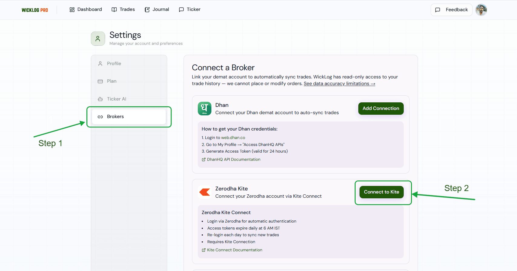 Wicklog Settings → Brokers tab showing Connect a Broker section with Zerodha Kite option