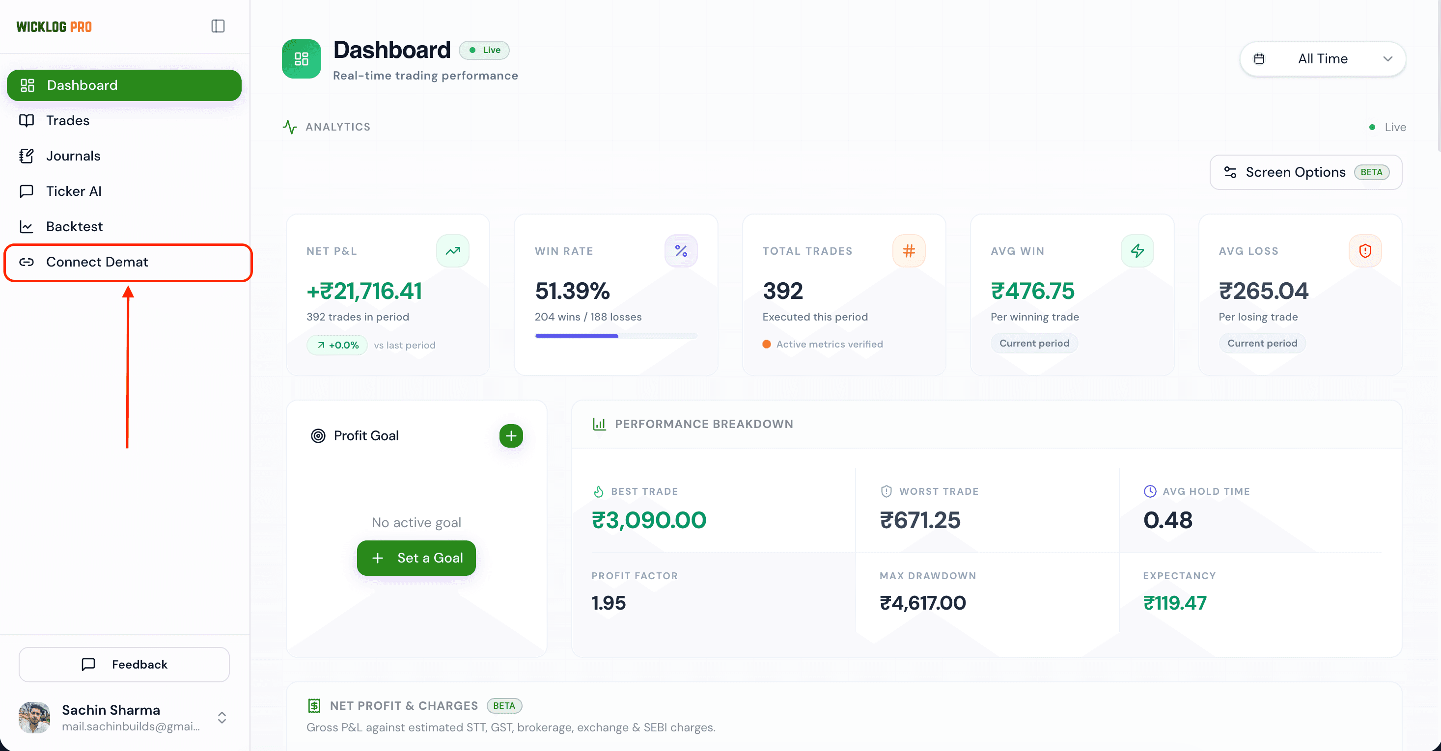 The Connect Demat screen in WickLog
