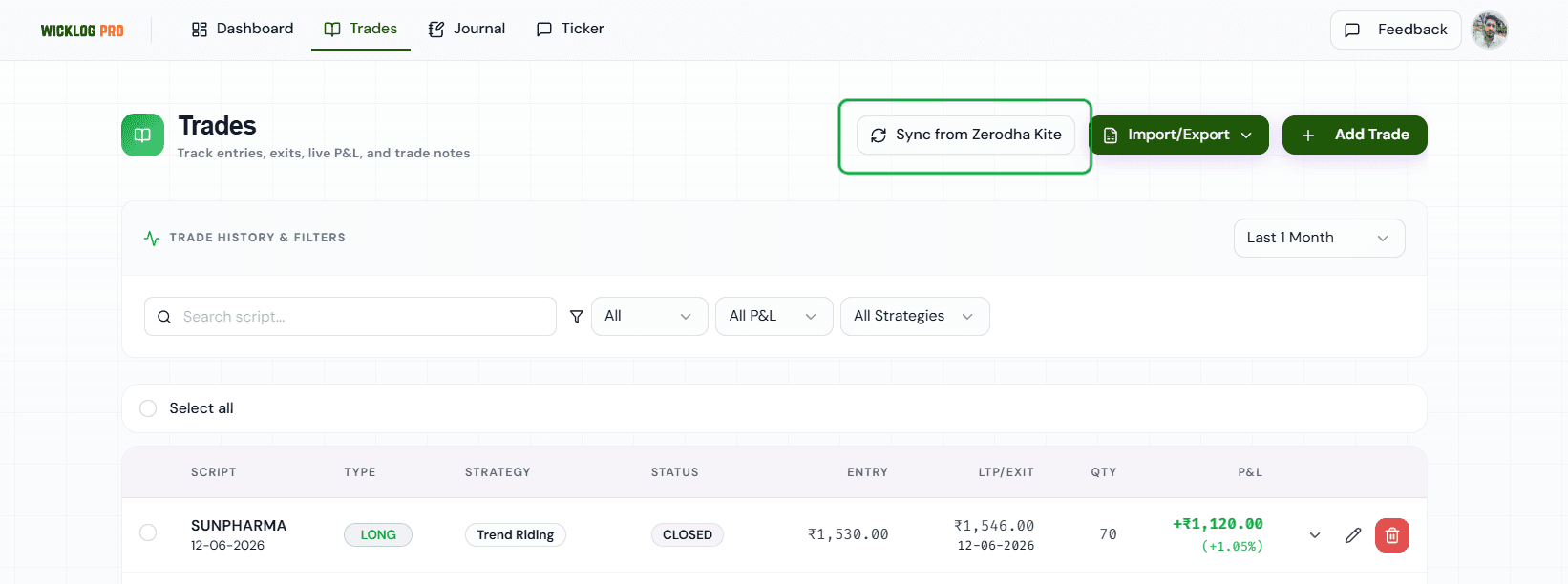 Wicklog Settings → Brokers showing Zerodha Kite as successfully connected