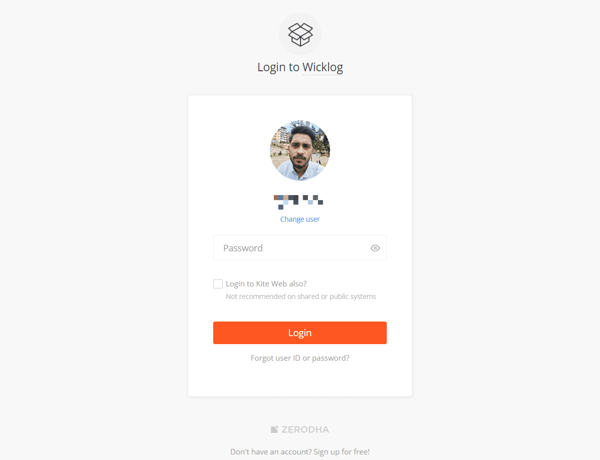 Zerodha Kite login screen showing the Wicklog OAuth flow