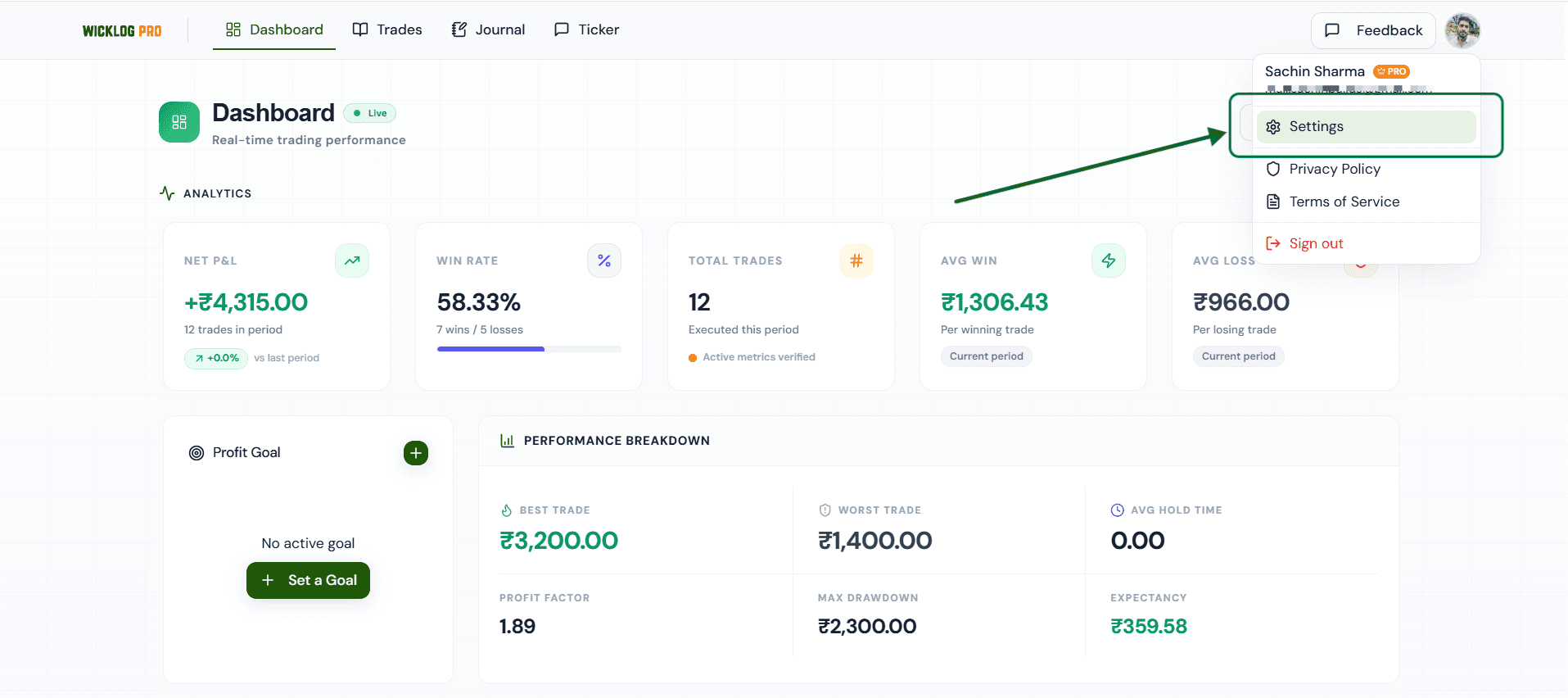 Wicklog dashboard showing the profile dropdown menu with Settings option highlighted