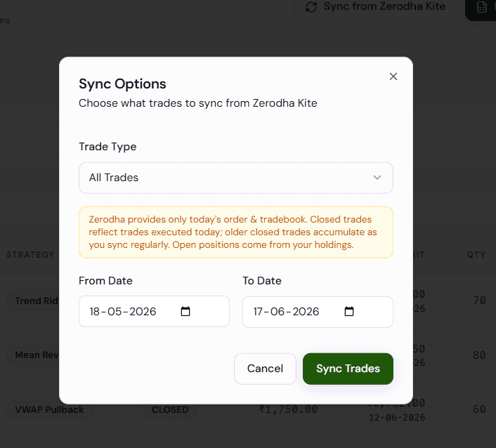 Wicklog Trades page showing the Import from Zerodha Kite button