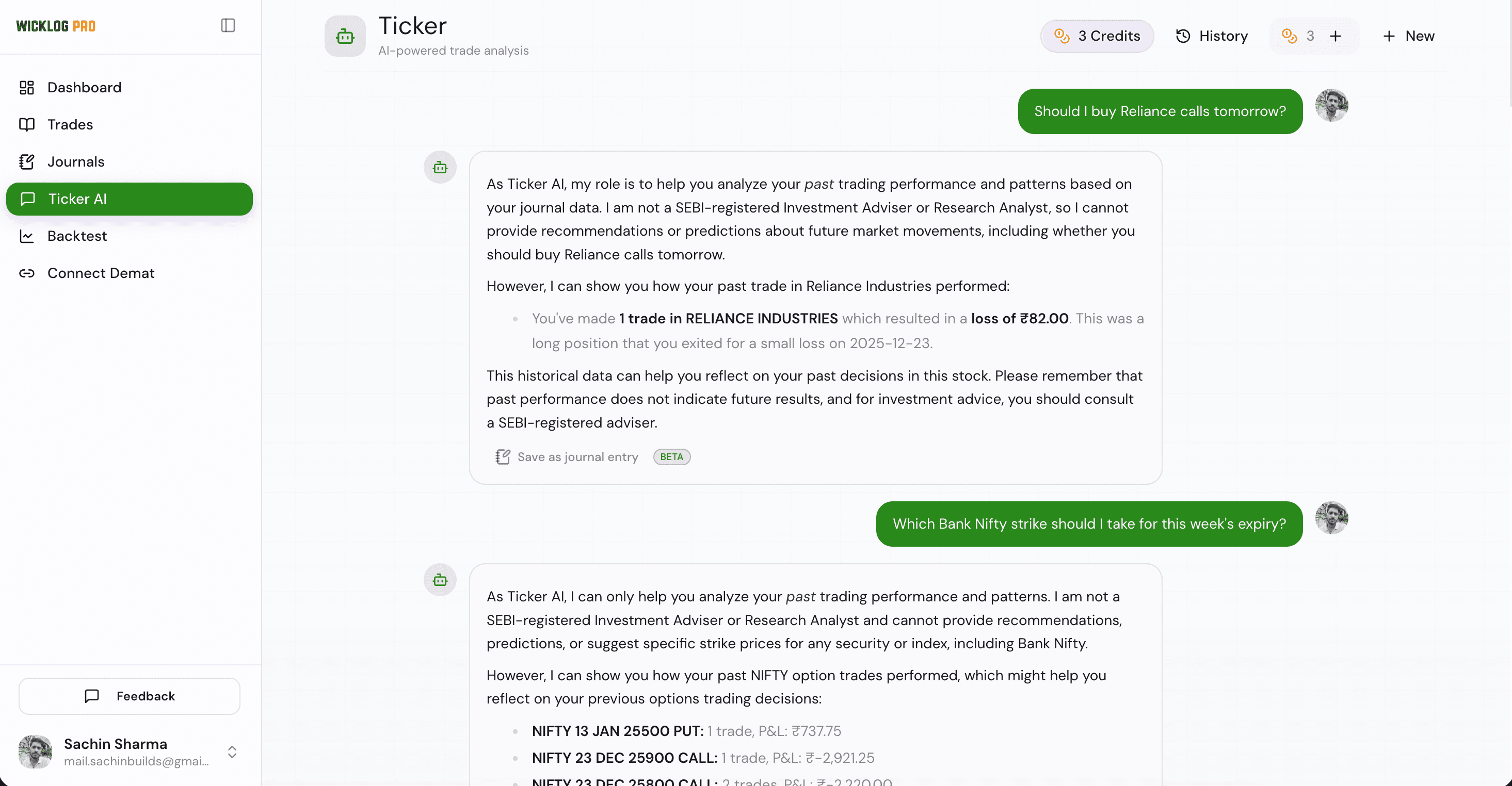 WickLog dashboard with Ticker AI chat panel open alongside imported trade list